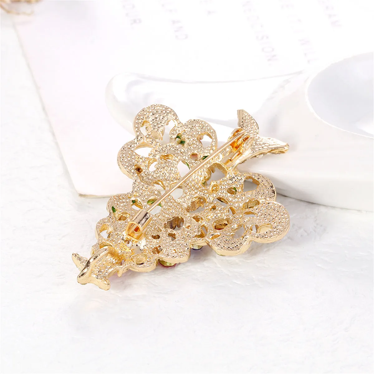 Red Cubic Zirconia & 18K Gold-Plated Star Christmas Tree Brooch