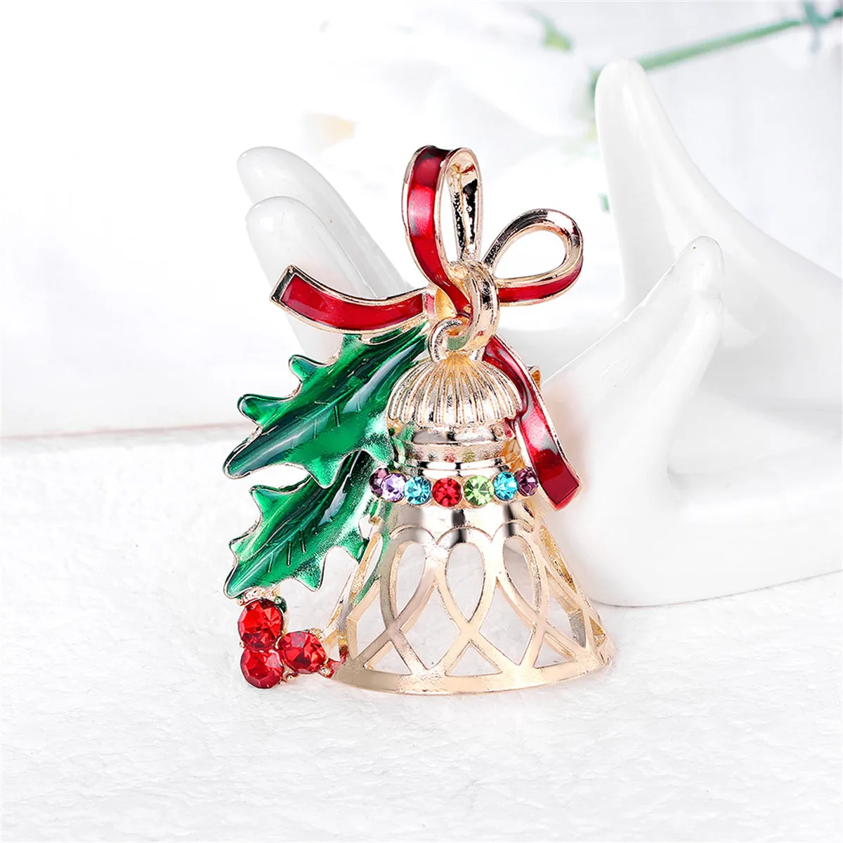 Red Cubic Zirconia & Green Enamel Bell Brooch