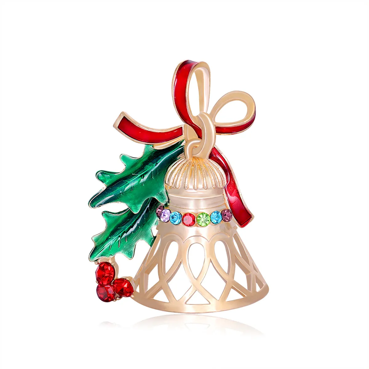 Red Cubic Zirconia & Green Enamel Bell Brooch