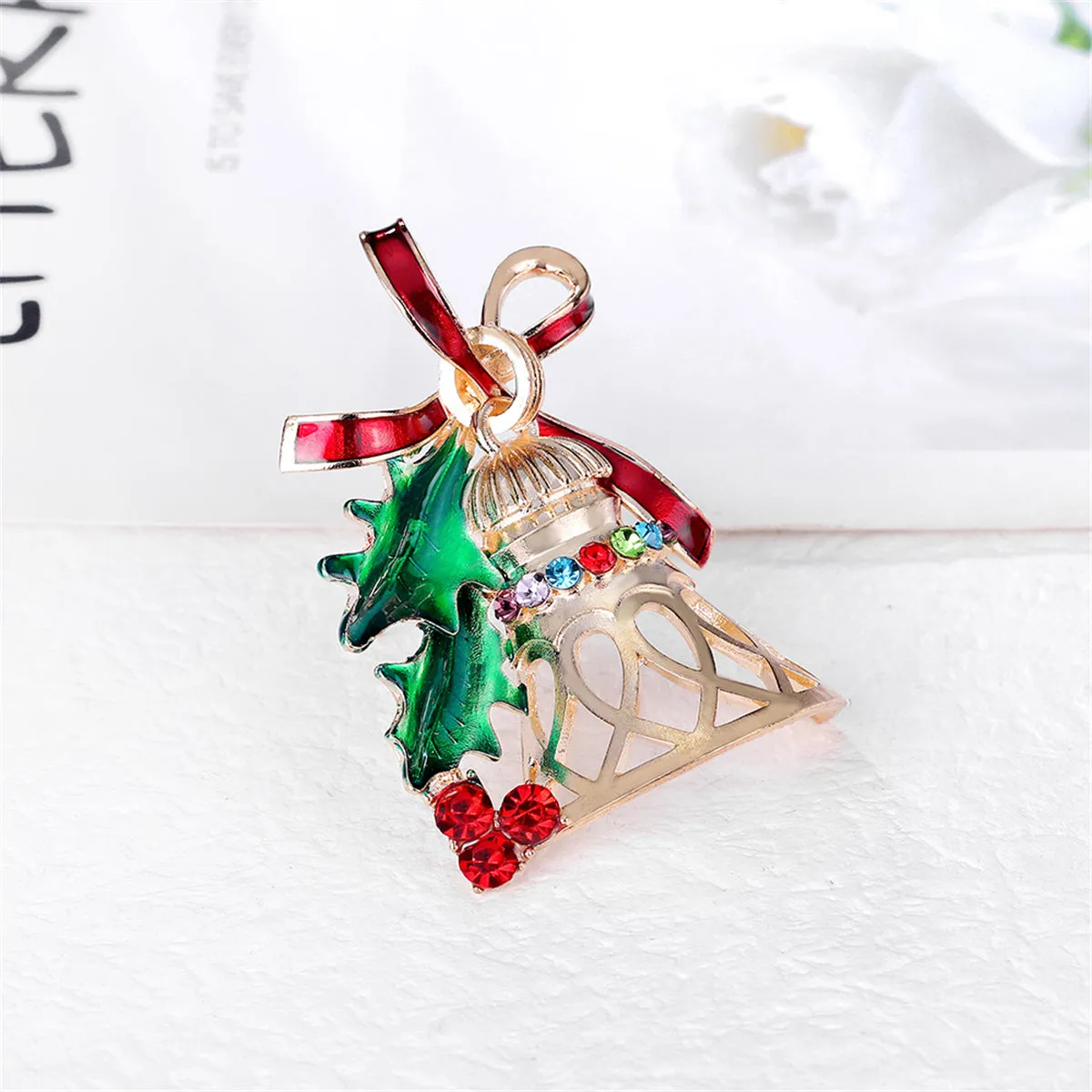 Red Cubic Zirconia & Green Enamel Bell Brooch