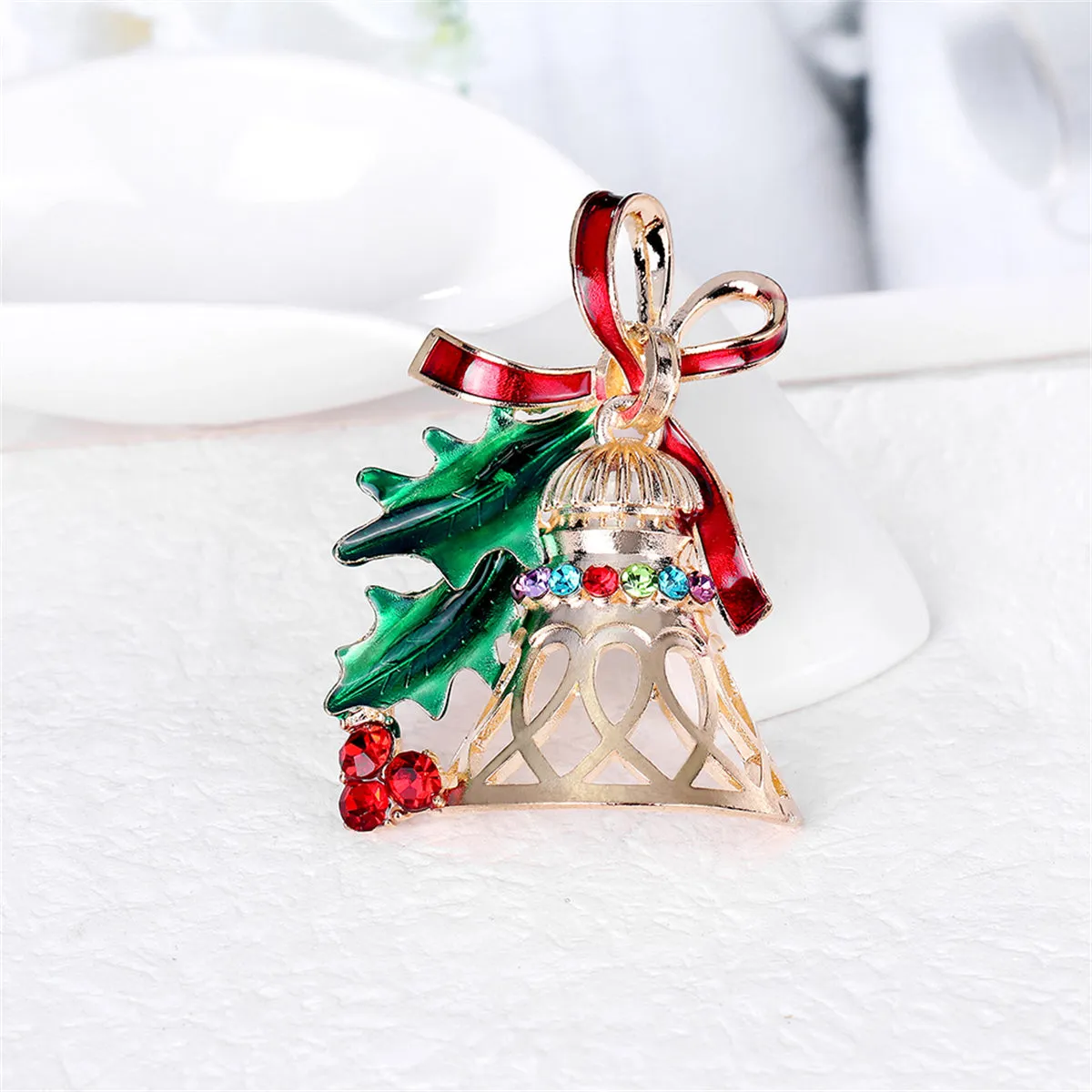 Red Cubic Zirconia & Green Enamel Bell Brooch