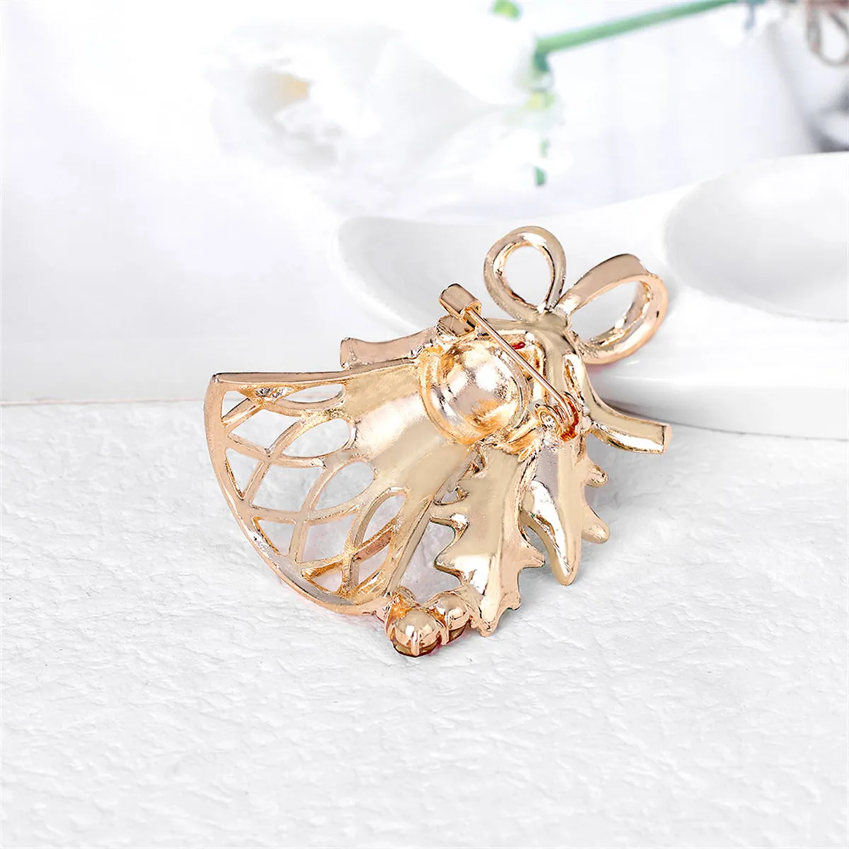 Red Cubic Zirconia & Green Enamel Bell Brooch