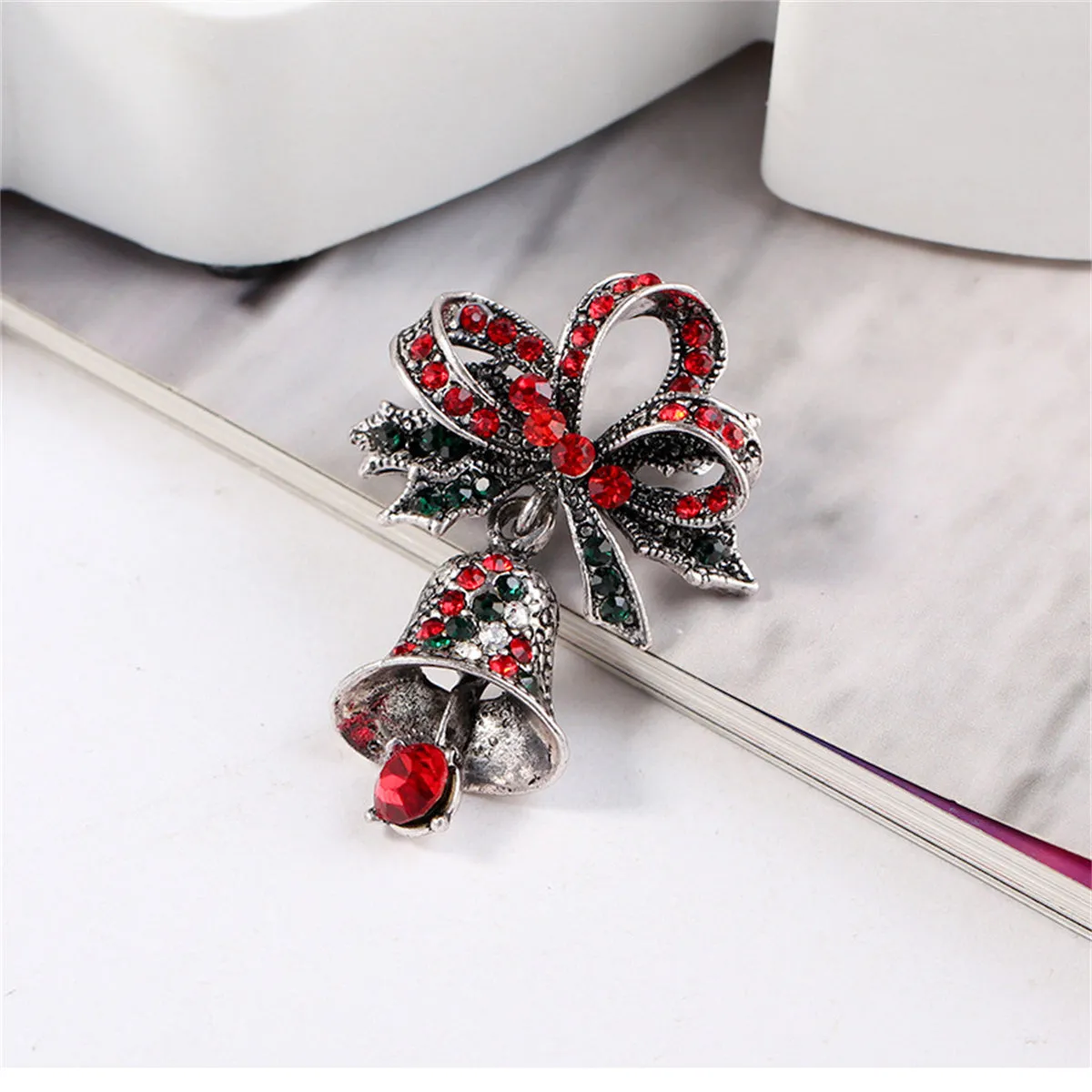 Red Cubic Zirconia & Silver-Plated Christmas Bow Bell Brooch