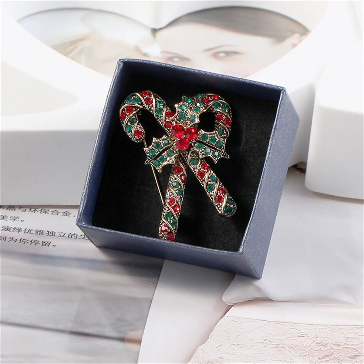 Red Cubic Zirconia & Silver-Plated Christmas Crutch Brooch