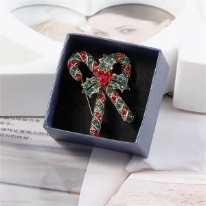 Red Cubic Zirconia & Silver-Plated Christmas Crutch Brooch