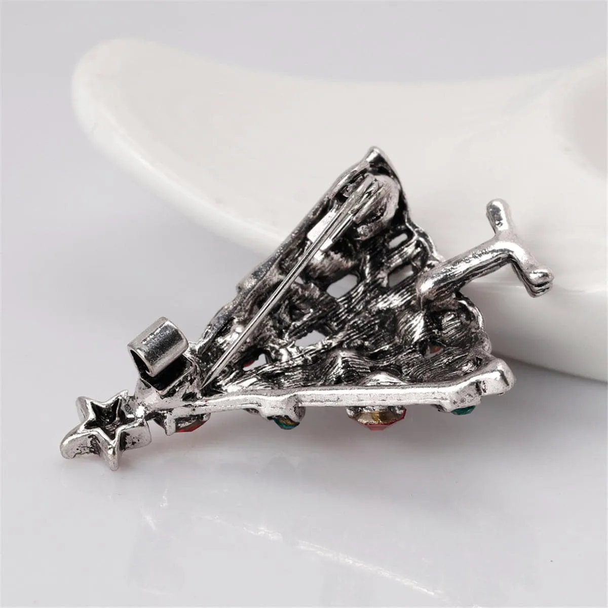 Red Cubic Zirconia & Silver-Plated Christmas Tree Brooch