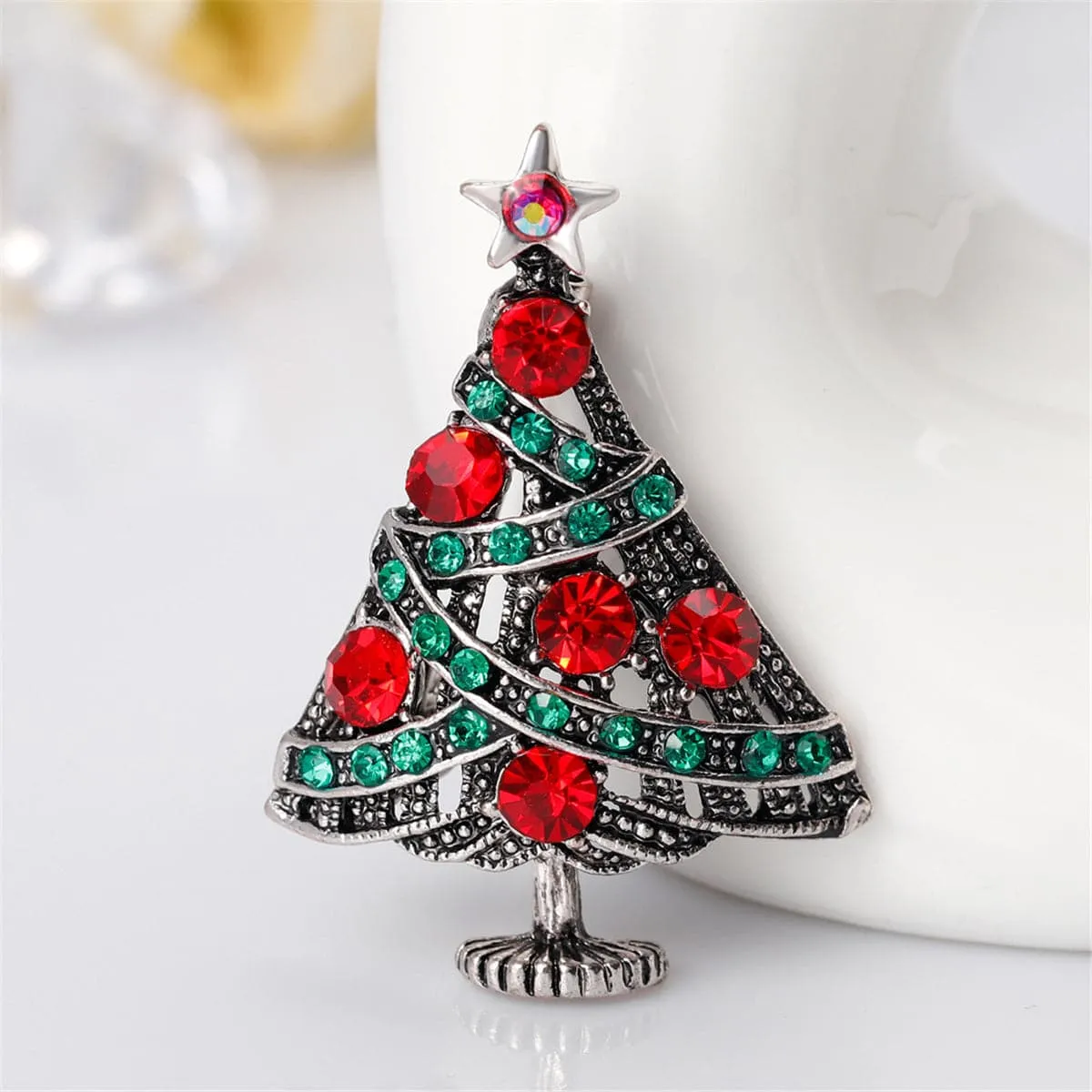 Red Cubic Zirconia & Silver-Plated Christmas Tree Brooch