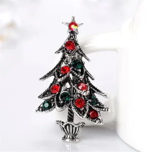 Red Cubic Zirconia & Silver-Plated Christmas Tree Brooch