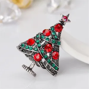 Red Cubic Zirconia & Silver-Plated Christmas Tree Brooch