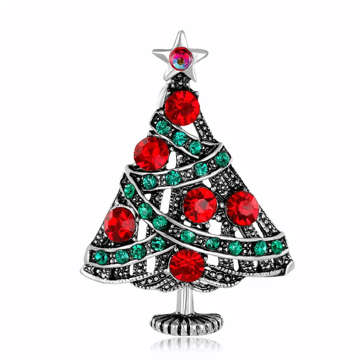 Red Cubic Zirconia & Silver-Plated Christmas Tree Brooch