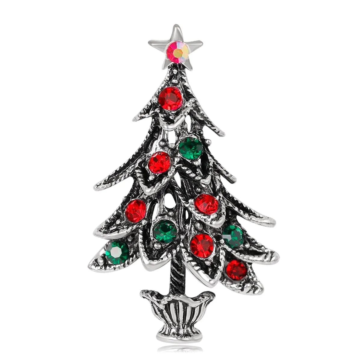 Red Cubic Zirconia & Silver-Plated Christmas Tree Brooch