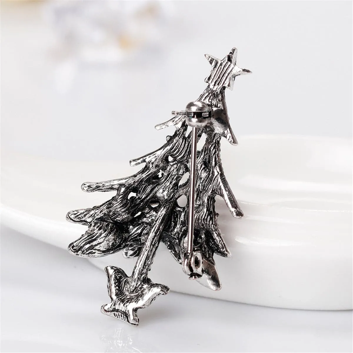 Red Cubic Zirconia & Silver-Plated Christmas Tree Brooch