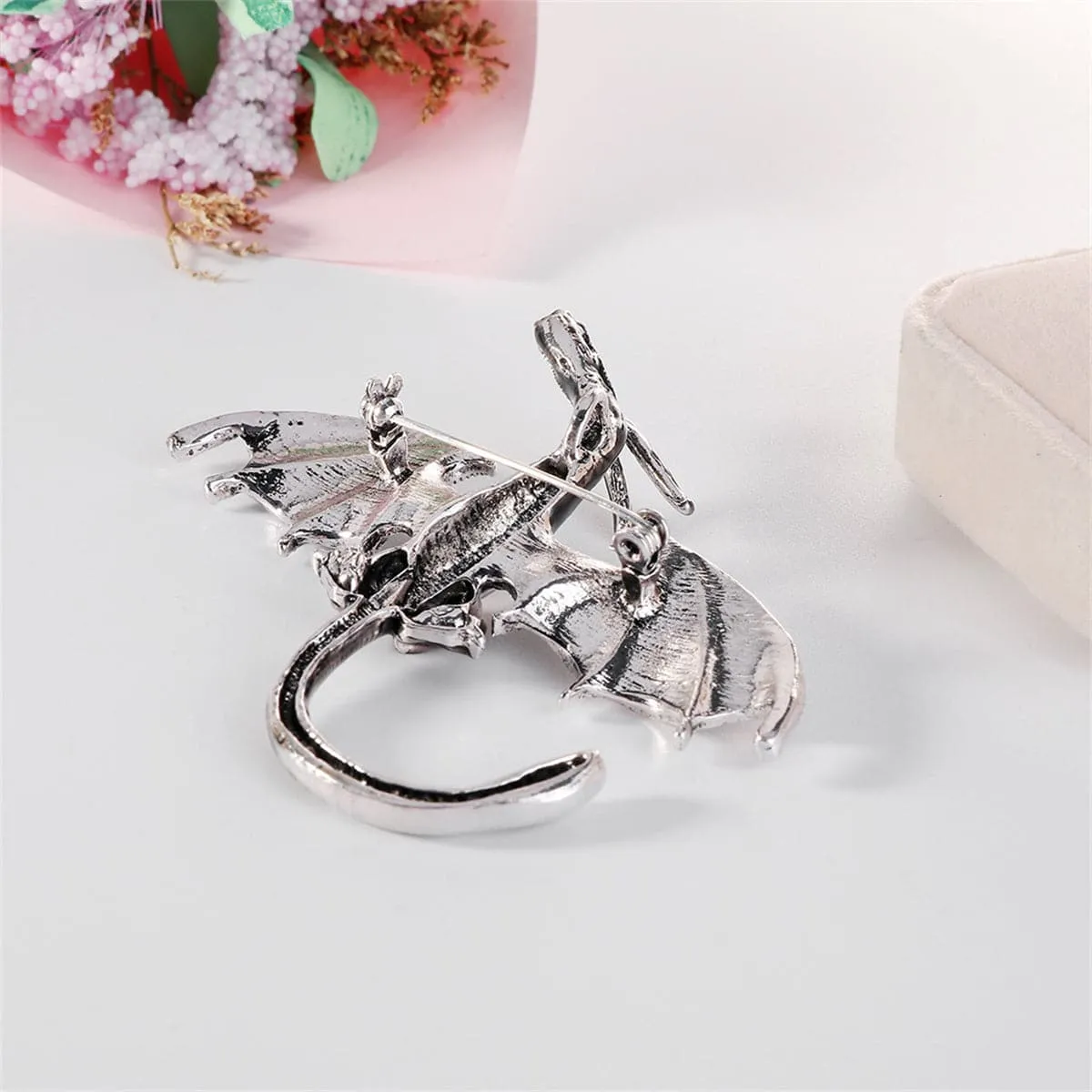 Red Cubic Zirconia & Silver-Plated Dragon Brooch