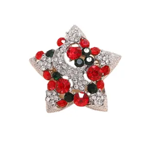 Red Cubic Zirconia & Silver-Plated Moon Star Brooch