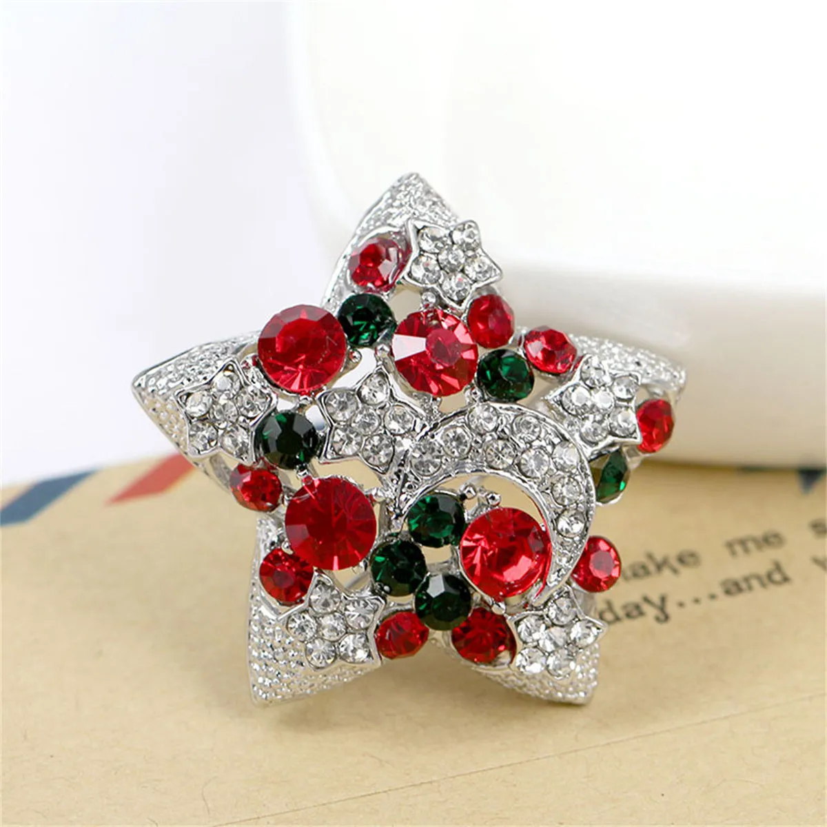 Red Cubic Zirconia & Silver-Plated Moon Star Brooch
