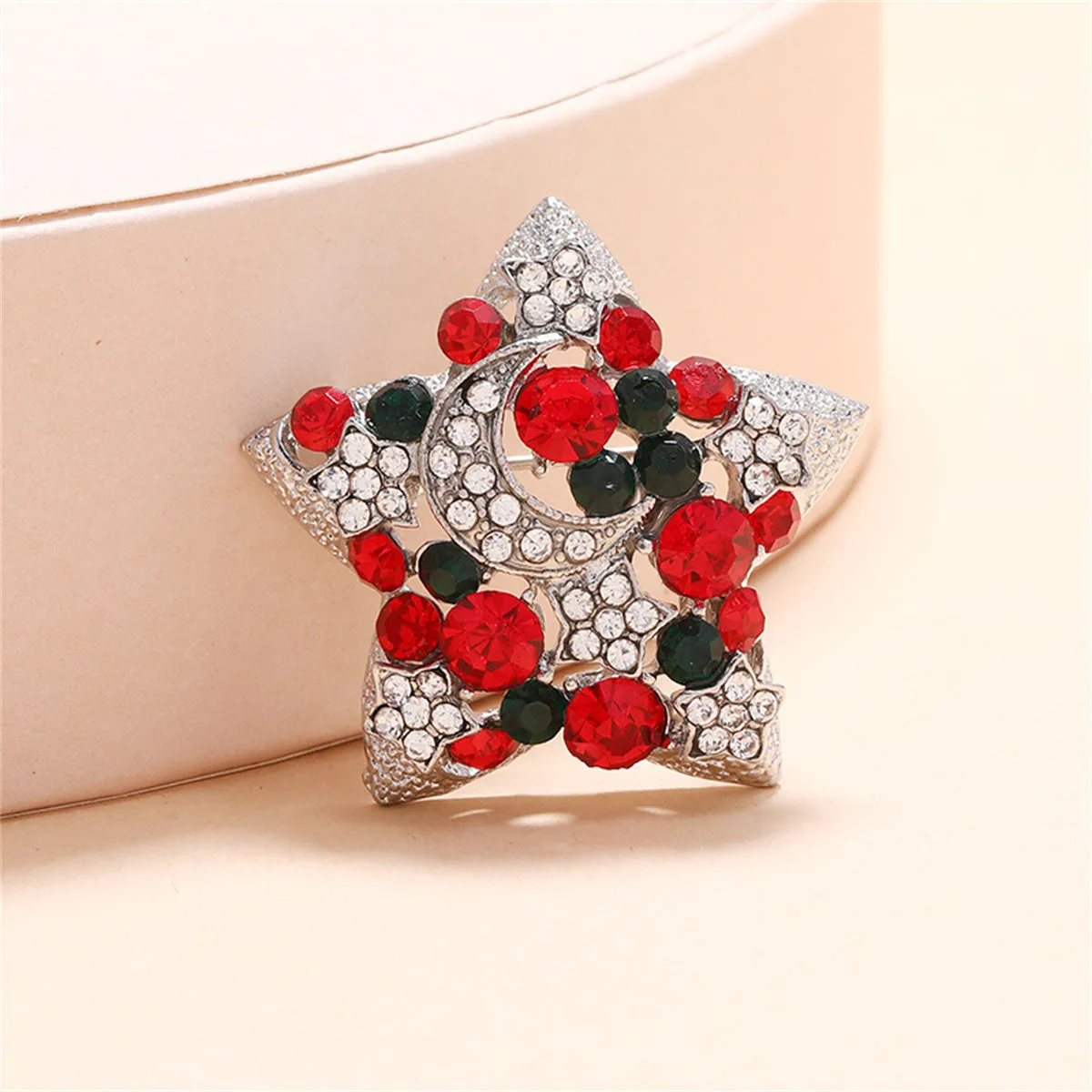 Red Cubic Zirconia & Silver-Plated Moon Star Brooch
