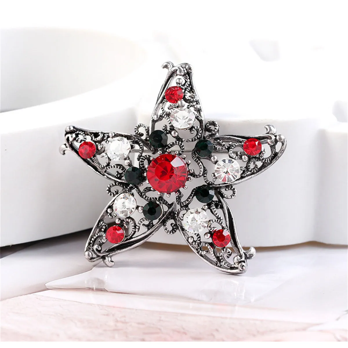 Red Cubic Zirconia & Silver-Plated Star Brooch