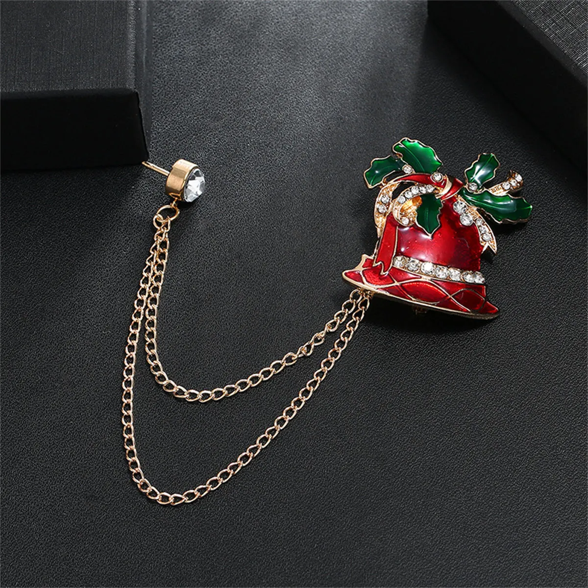 Red Enamel & 18K Gold-Plated Cubic Zirconia-Accent Chain Bell Brooch