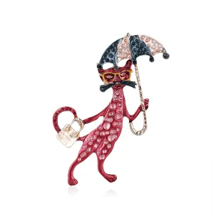 Red Enamel & 18K Gold-Plated Fox Lady Brooch