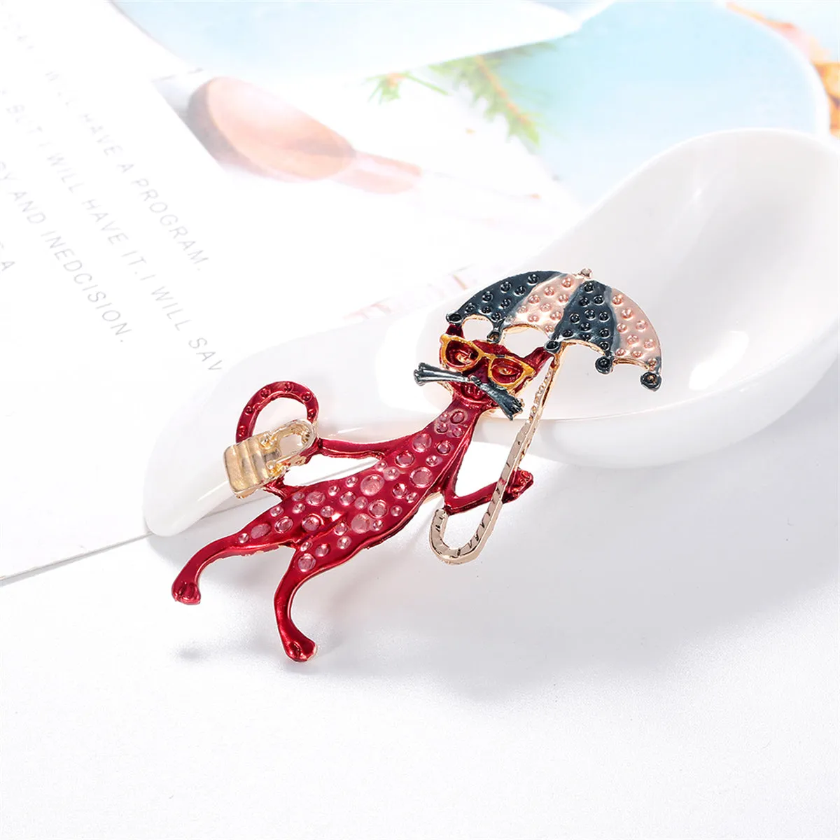 Red Enamel & 18K Gold-Plated Fox Lady Brooch