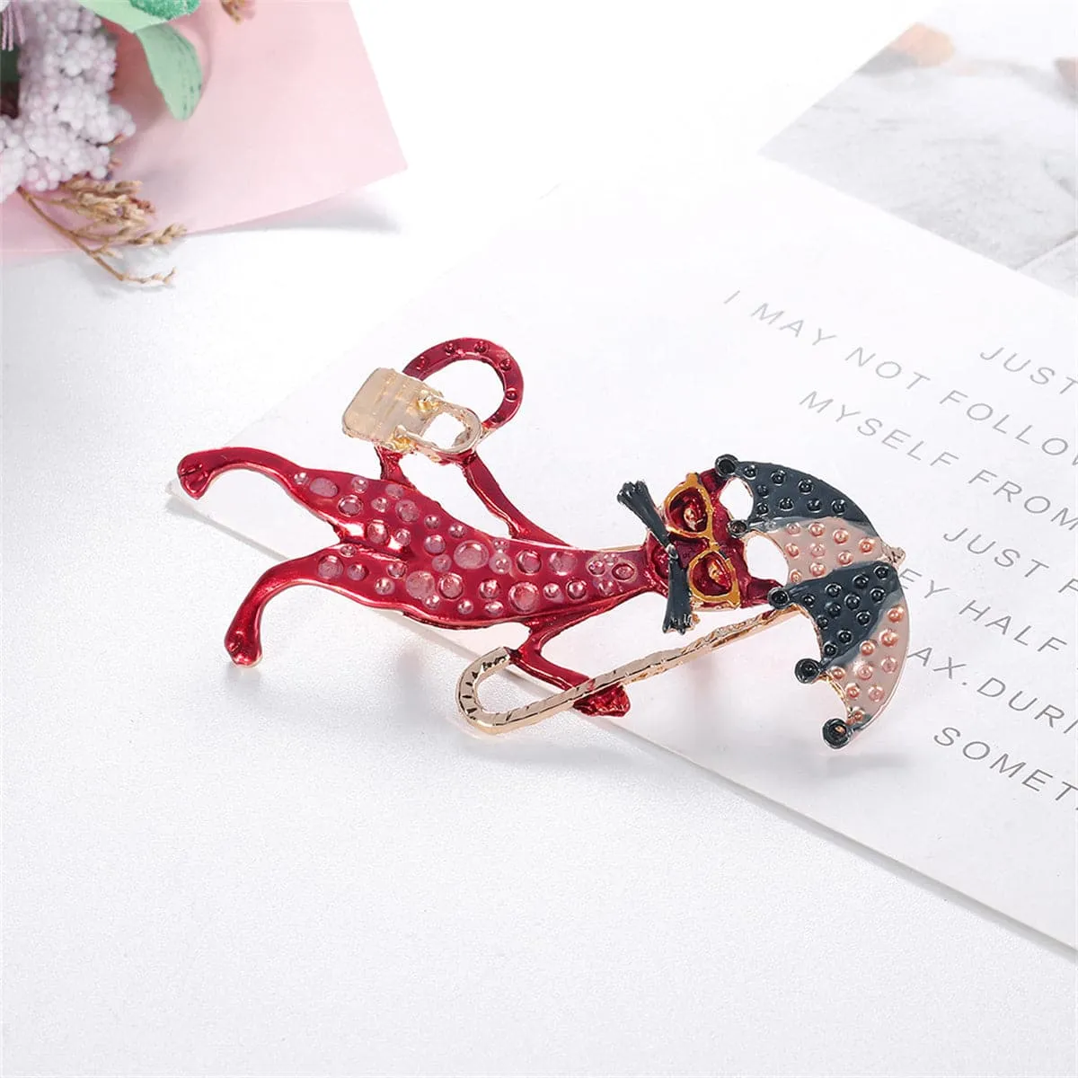 Red Enamel & 18K Gold-Plated Fox Lady Brooch