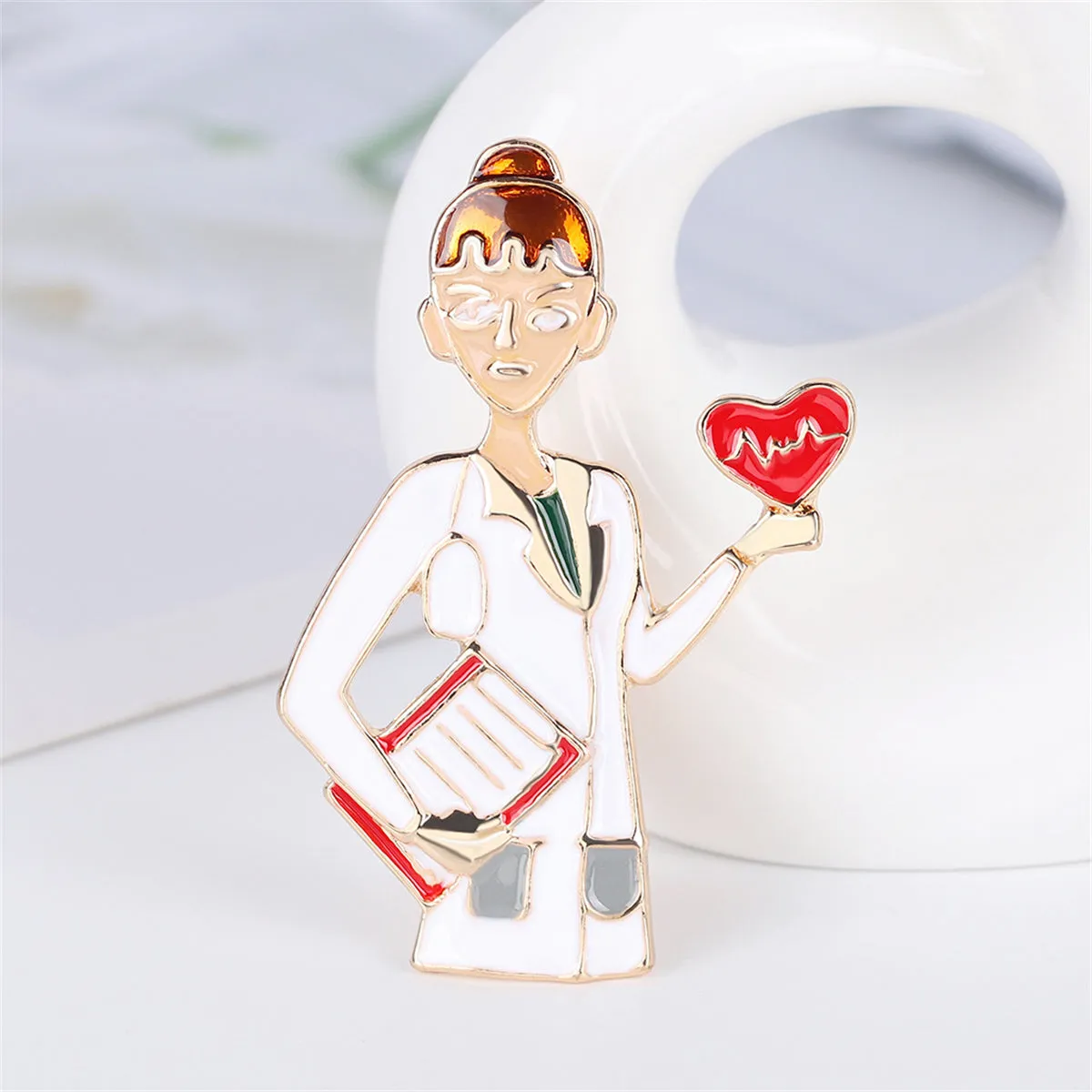 Red Enamel & 18K Gold-Plated Heart Nurse On-Duty Brooch