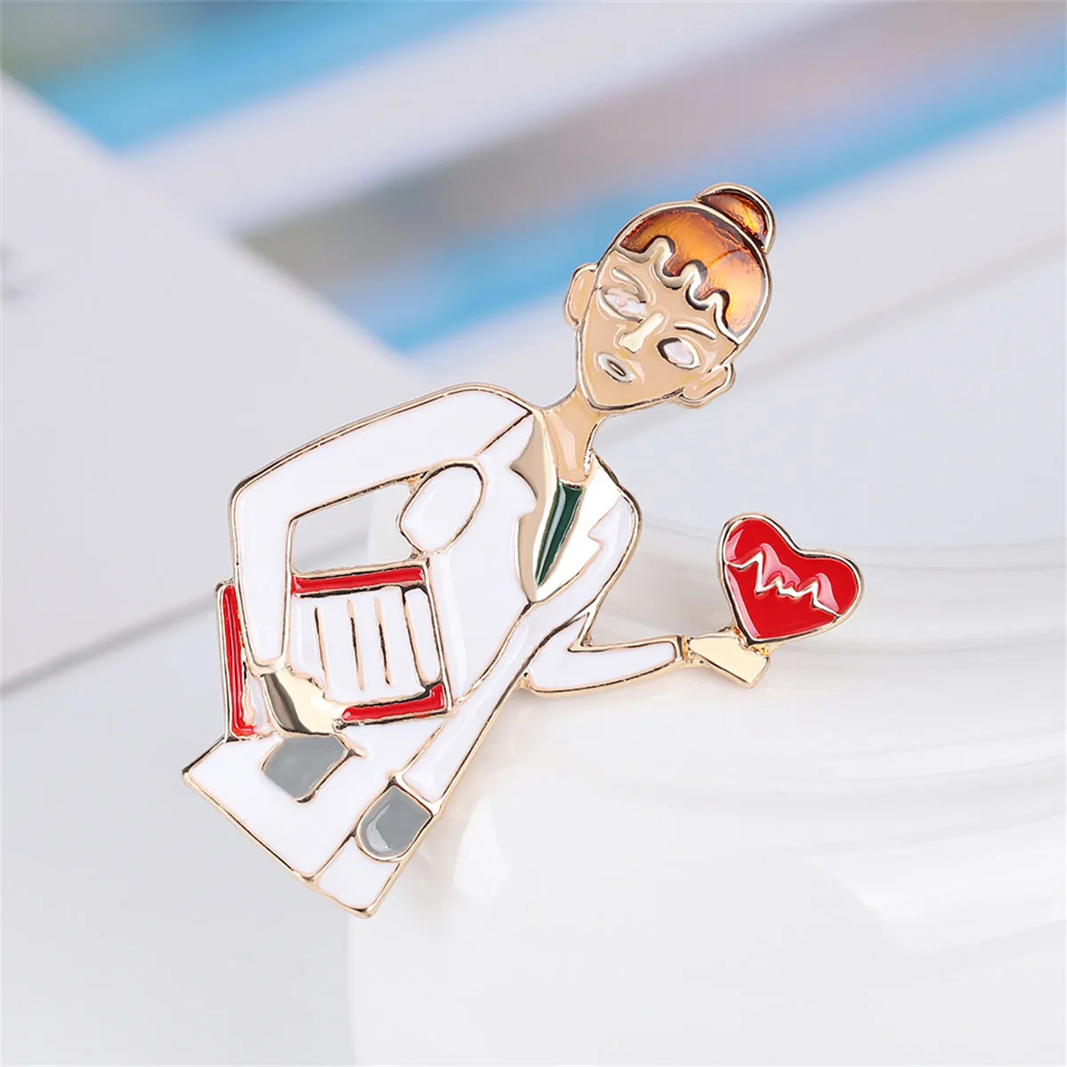 Red Enamel & 18K Gold-Plated Heart Nurse On-Duty Brooch
