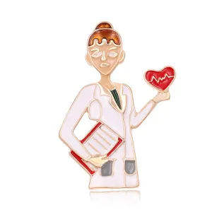 Red Enamel & 18K Gold-Plated Heart Nurse On-Duty Brooch
