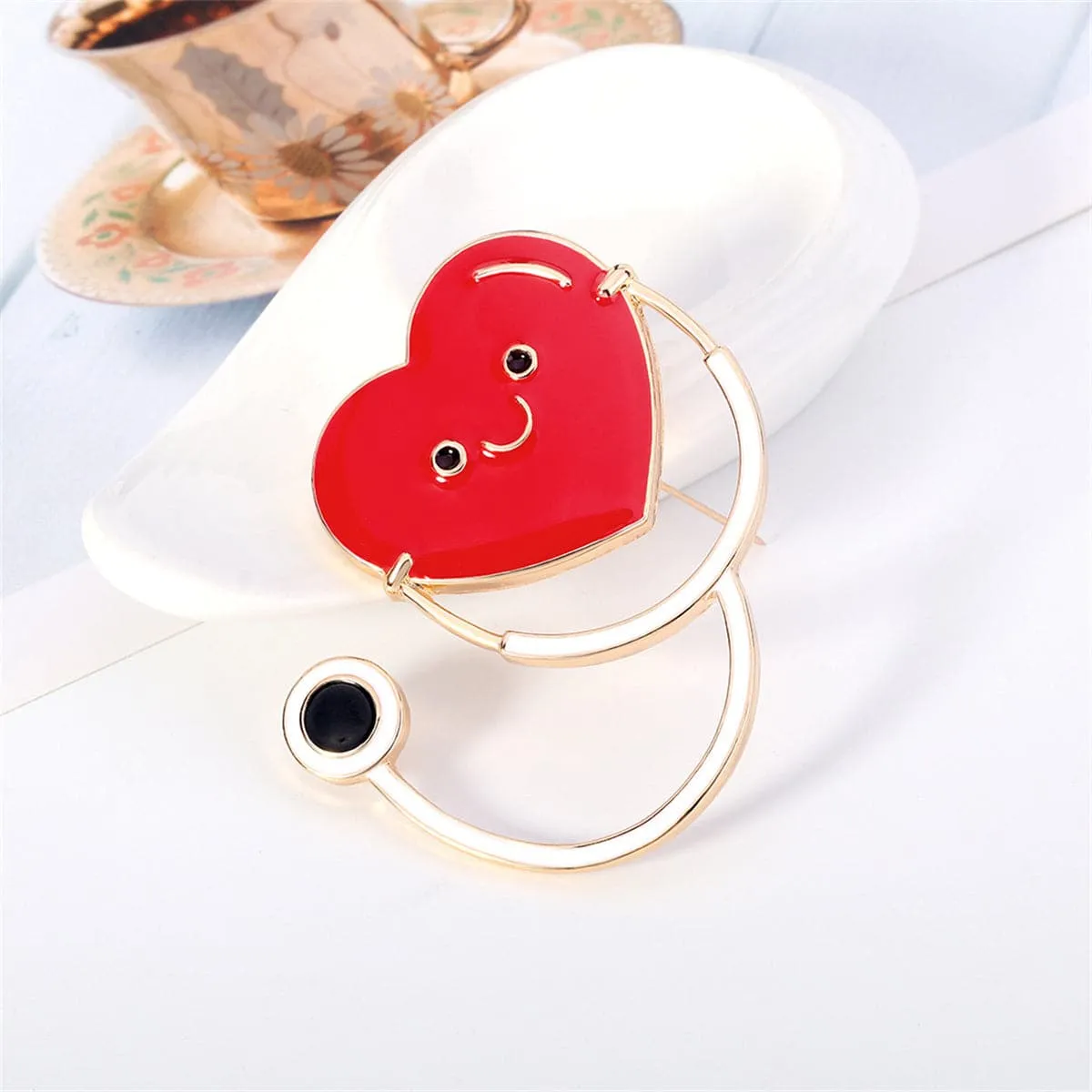 Red Enamel & 18K Gold-Plated Heart Stethoscope Brooch