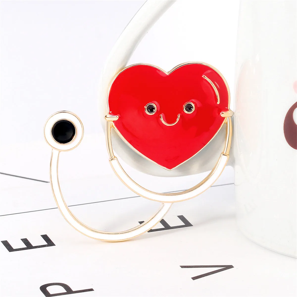 Red Enamel & 18K Gold-Plated Heart Stethoscope Brooch