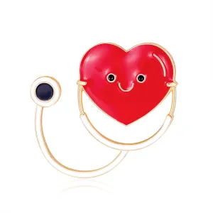 Red Enamel & 18K Gold-Plated Heart Stethoscope Brooch