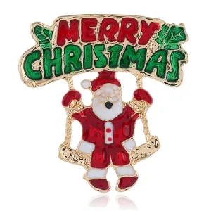 Red Enamel & 18K Gold-Plated 'Merry Christmas' Santa Brooch