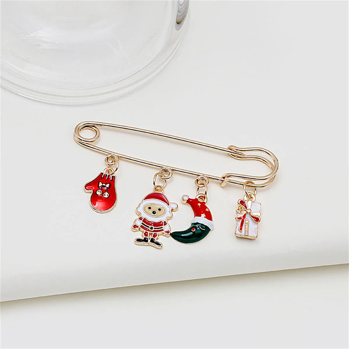 Red Enamel & 18K Gold-Plated Santa Christmas Charms Brooch