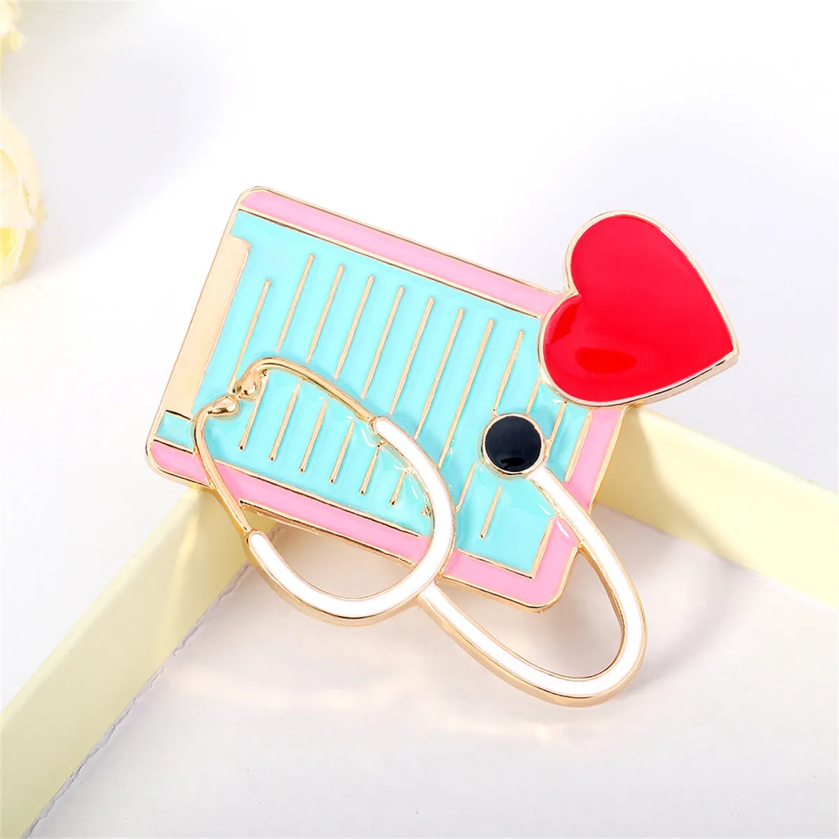 Red Enamel & 18K Gold-Plated Stethoscope Dossier Brooch