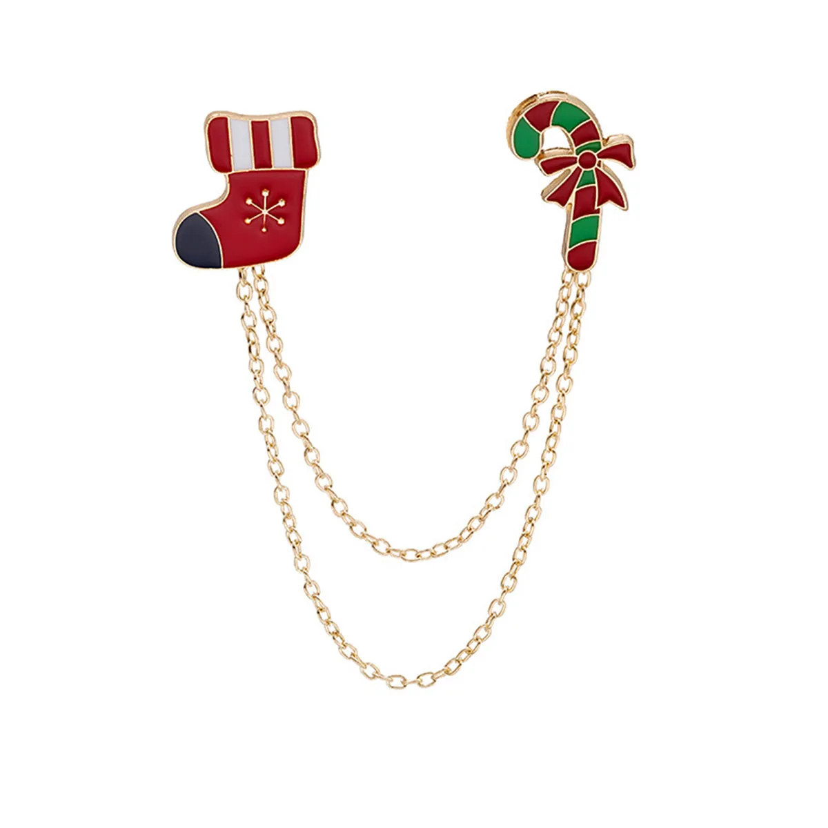 Red Enamel & 18K Gold-Plated Stocking Candy Cane Chain Brooch