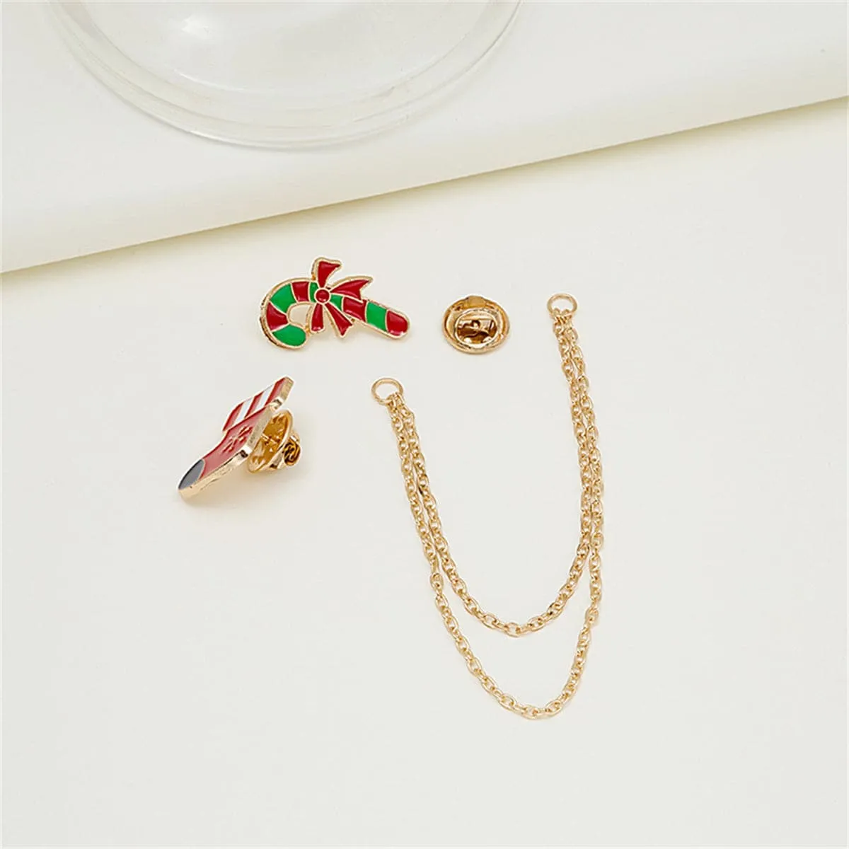 Red Enamel & 18K Gold-Plated Stocking Candy Cane Chain Brooch