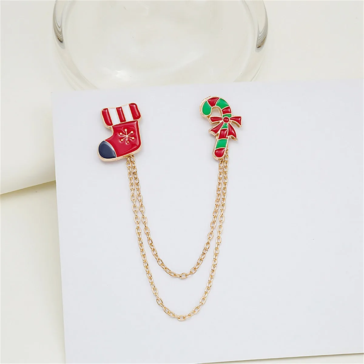 Red Enamel & 18K Gold-Plated Stocking Candy Cane Chain Brooch