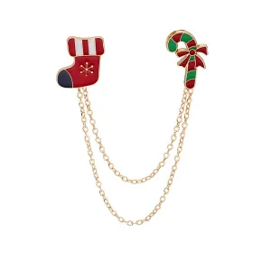 Red Enamel & 18K Gold-Plated Stocking Candy Cane Chain Brooch