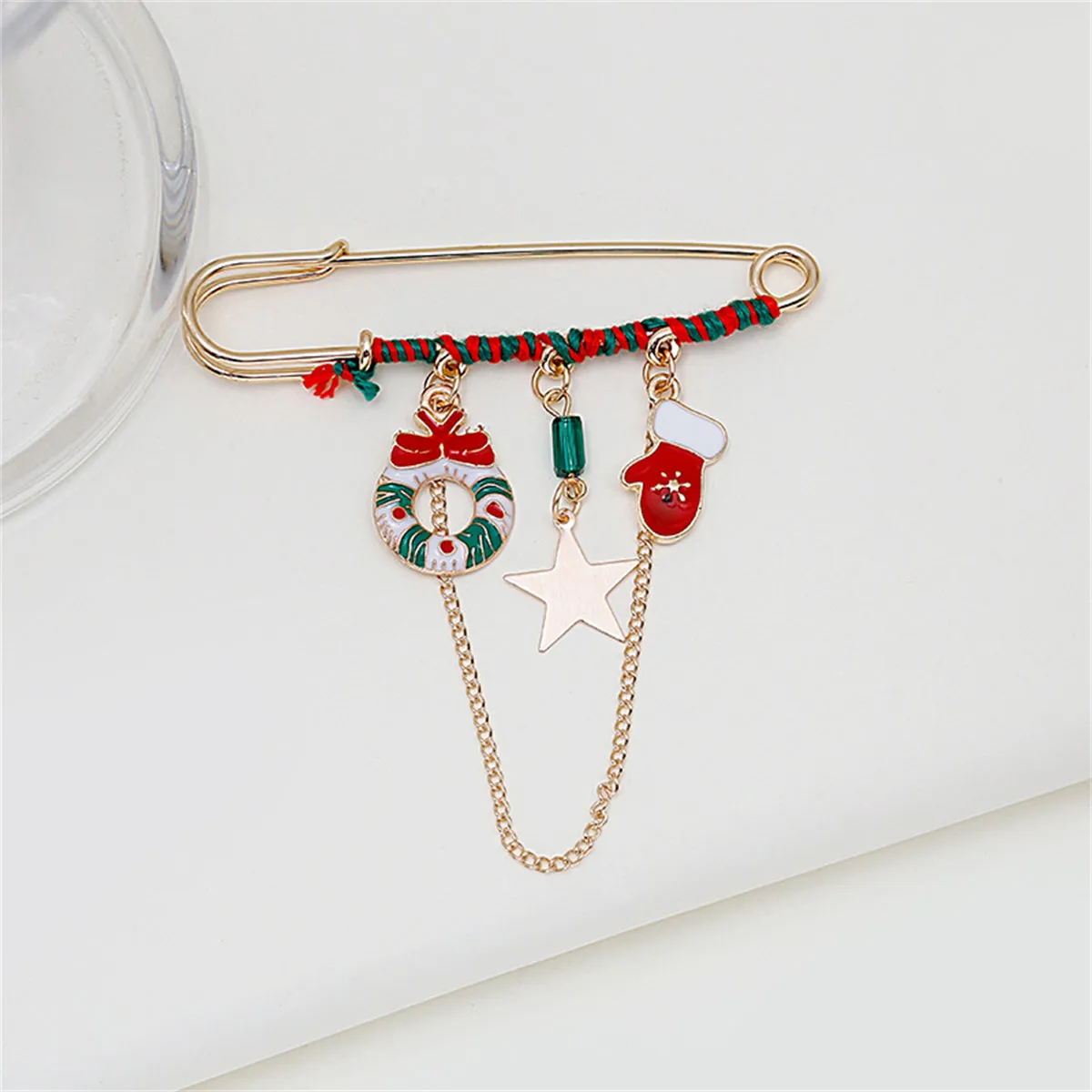 Red Enamel & 18K Gold-Plated Wreath & Mitten Chain Pin Brooch