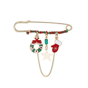 Red Enamel & 18K Gold-Plated Wreath & Mitten Chain Pin Brooch