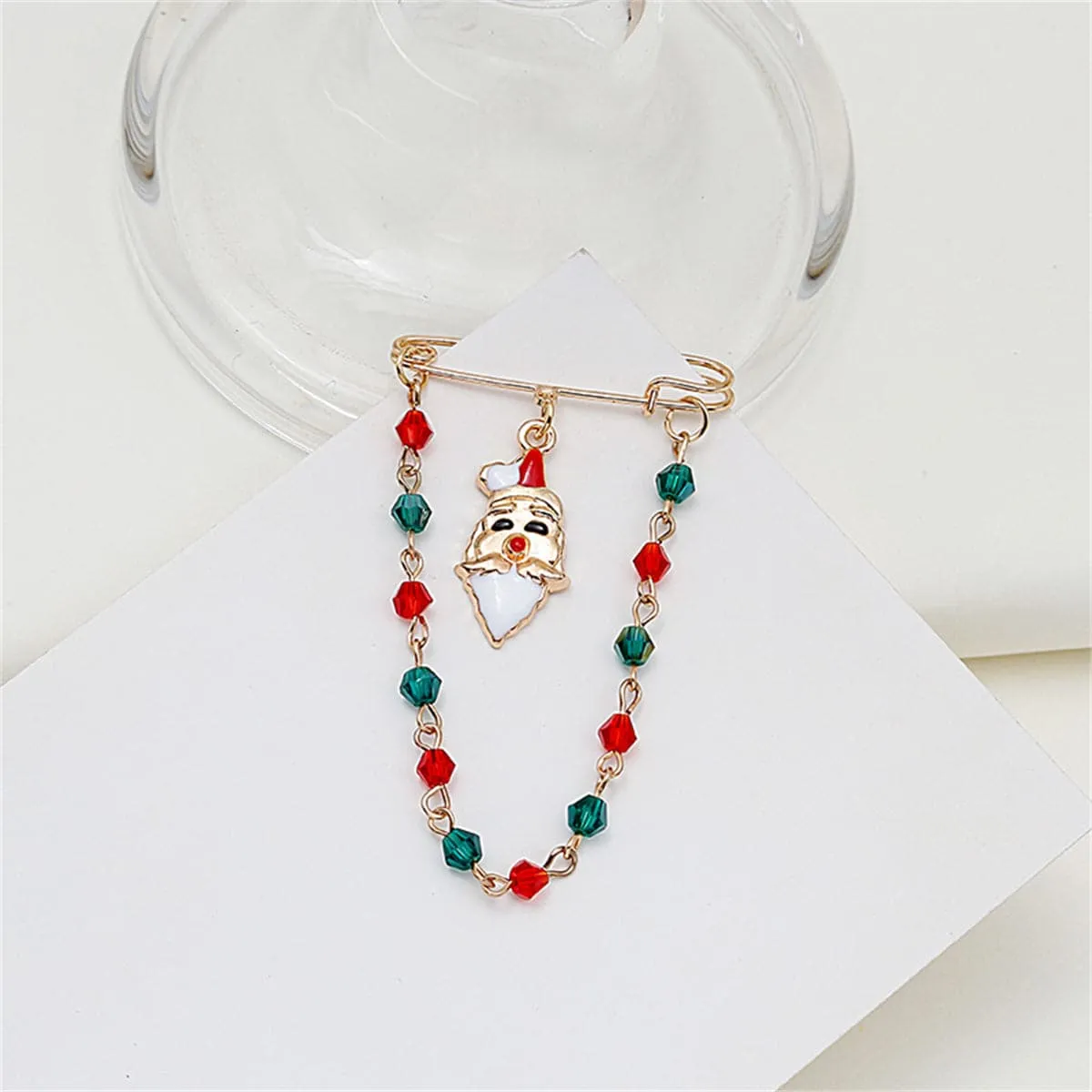 Red Enamel & Acrylic 18K Gold-Plated Santa Chain Pin Brooch