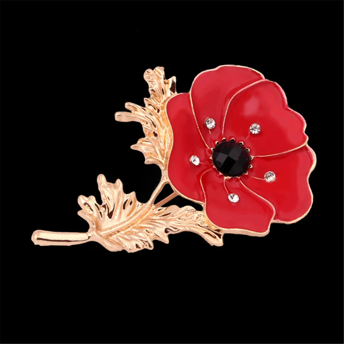 Red Enamel & Black Cubic Zirconia 18K Gold-Plated Flower Brooch