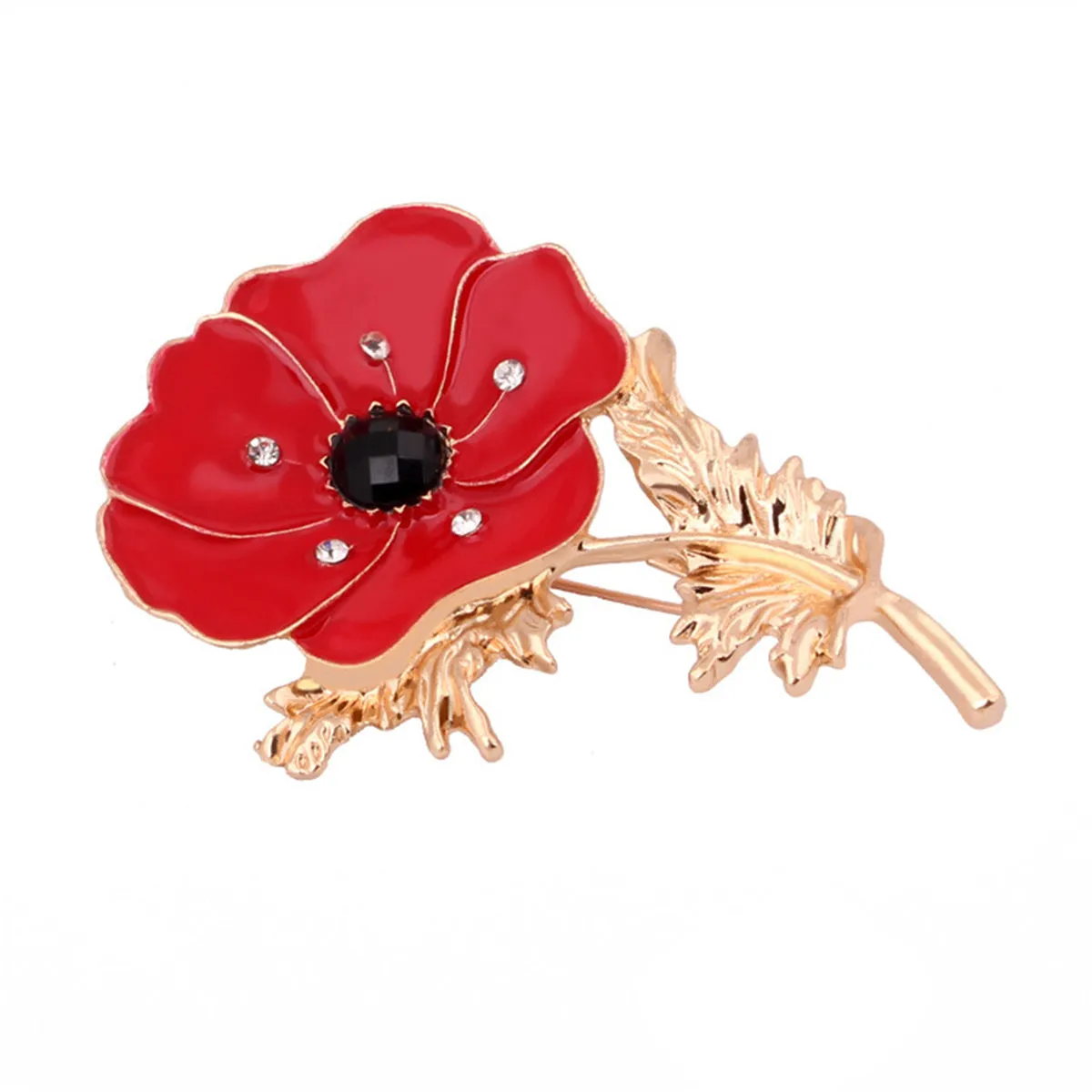 Red Enamel & Black Cubic Zirconia 18K Gold-Plated Flower Brooch