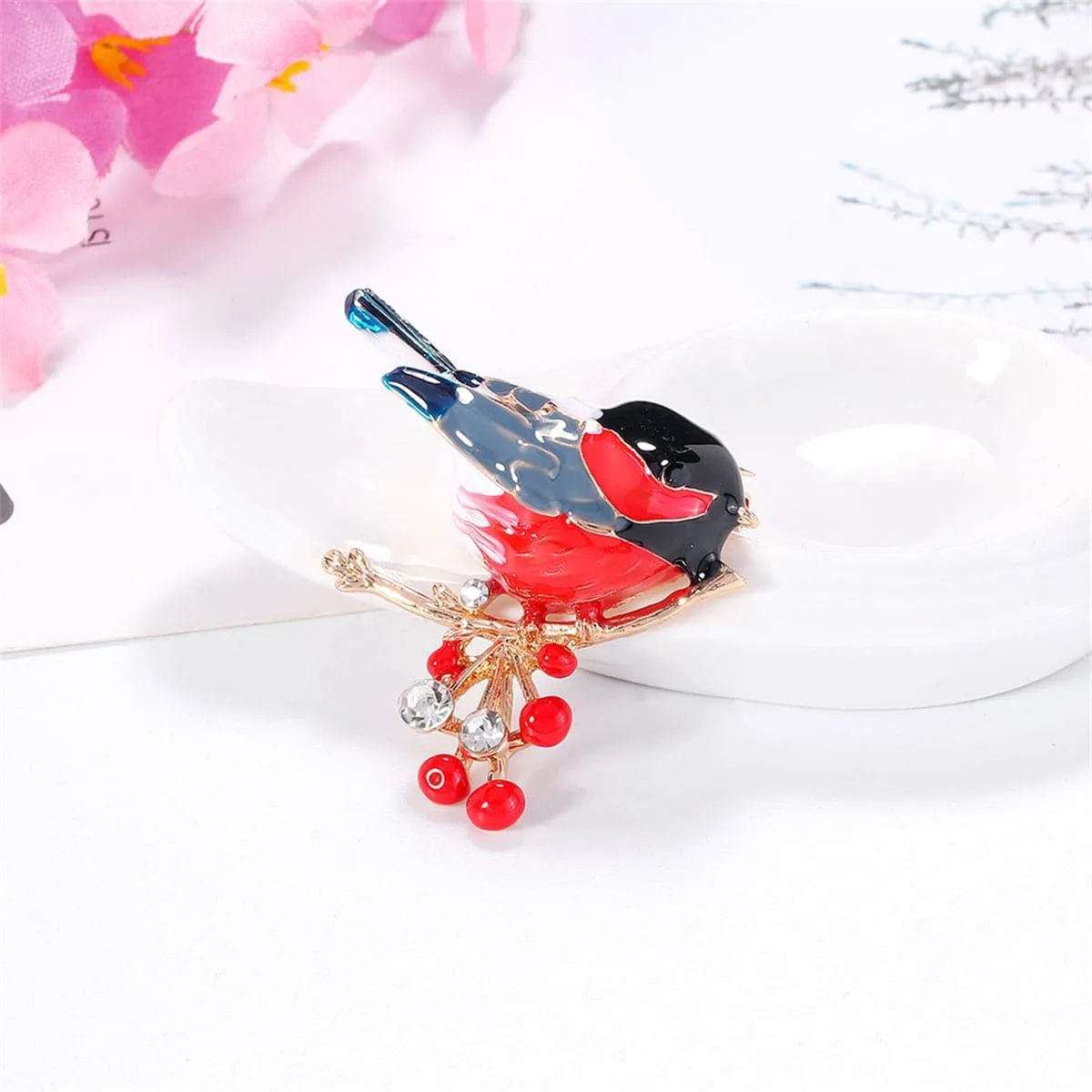Red Enamel & Cubic Zirconia 18K Gold-Plated Bird Brooch