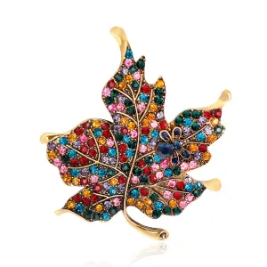 Red Multicolor Cubic Zirconia & 18K Gold-Plated Maple Leaf Brooch