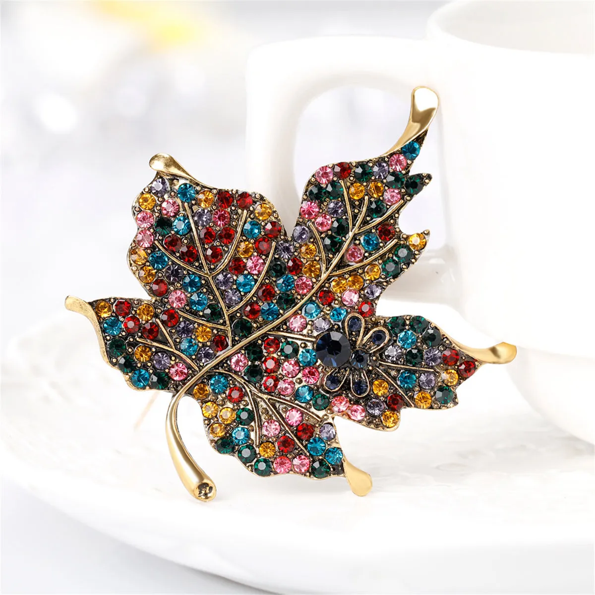 Red Multicolor Cubic Zirconia & 18K Gold-Plated Maple Leaf Brooch
