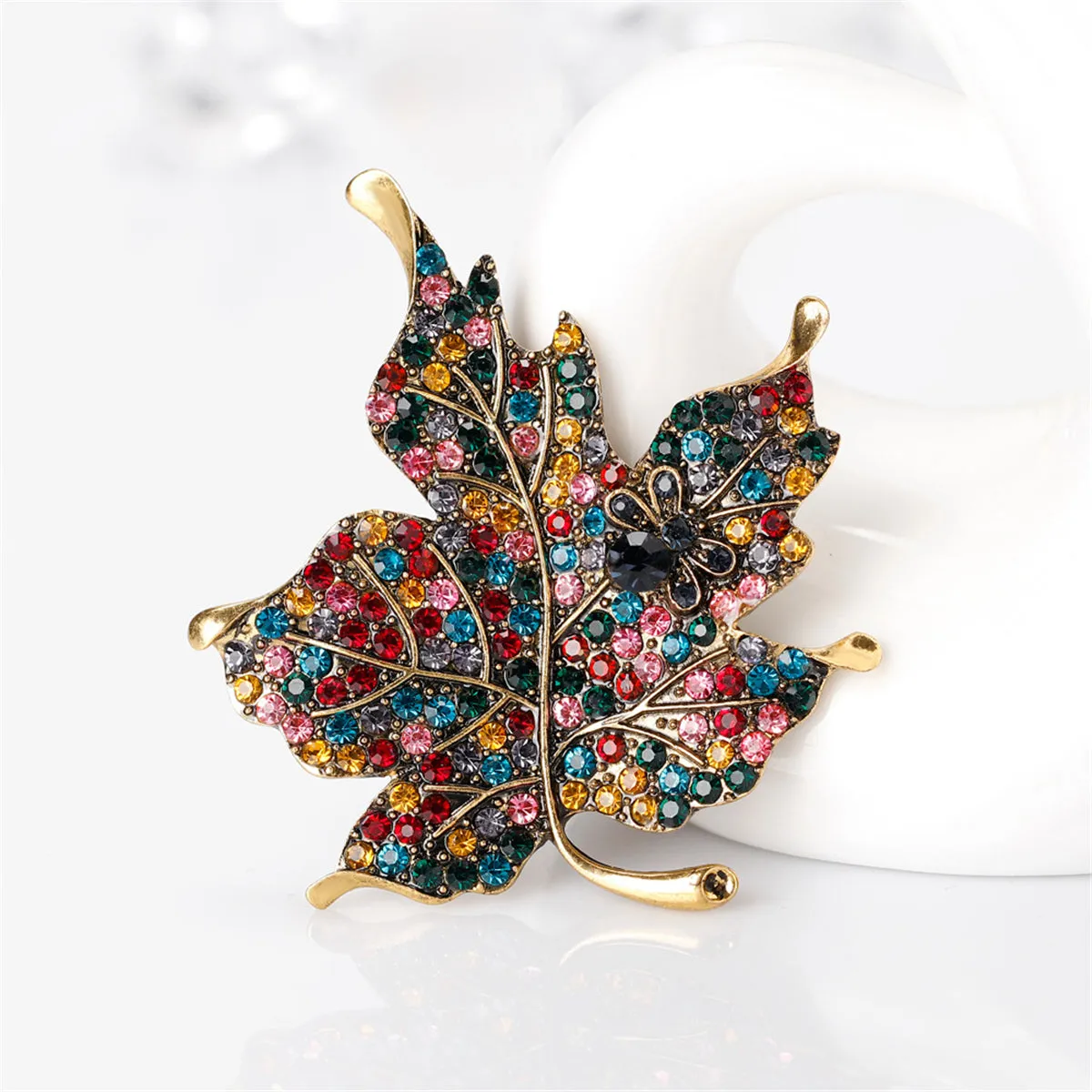 Red Multicolor Cubic Zirconia & 18K Gold-Plated Maple Leaf Brooch