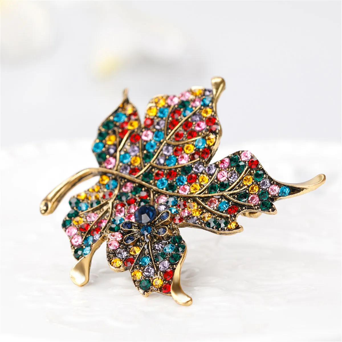Red Multicolor Cubic Zirconia & 18K Gold-Plated Maple Leaf Brooch