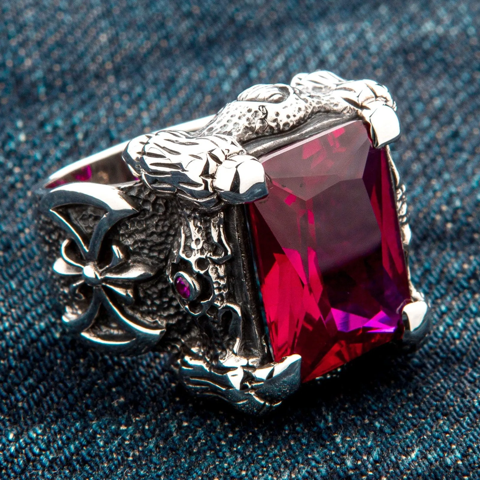 Red Ruby Dragon Claw Sterling Silver Men's Ring