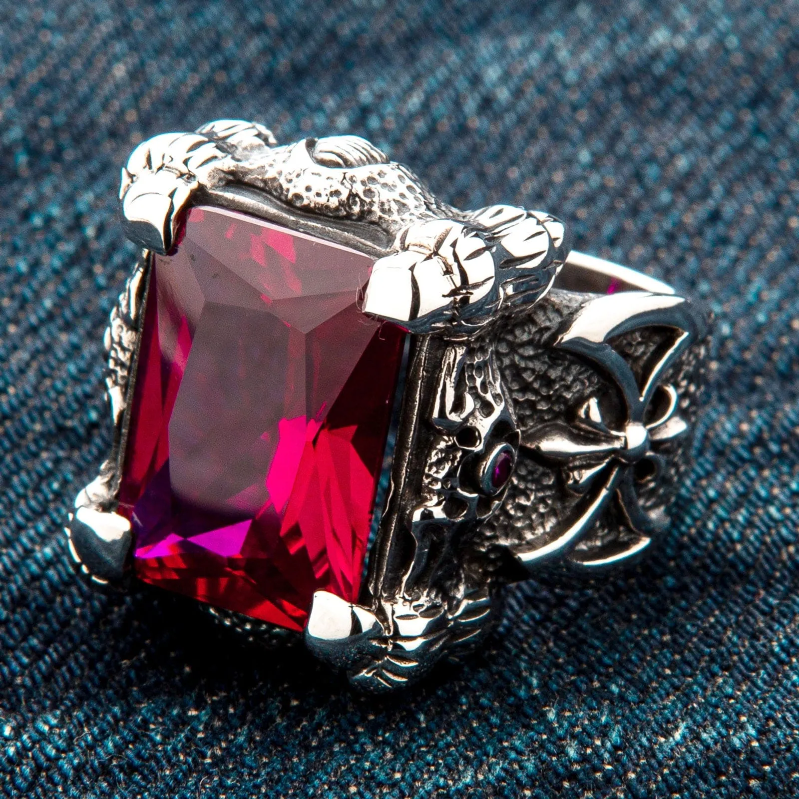 Red Ruby Dragon Claw Sterling Silver Men's Ring